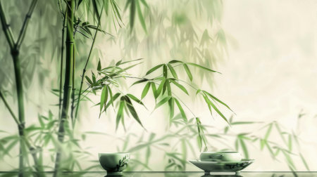 Green bamboo leaves and porcelain bowl on the wooden table.の素材