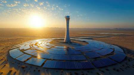 3d illustration of solar panels and a tower in the desert at sunsetの素材