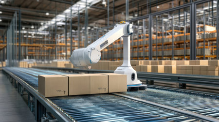 3d rendering robotic arm with cardboard boxes on conveyor belt in warehouseの素材