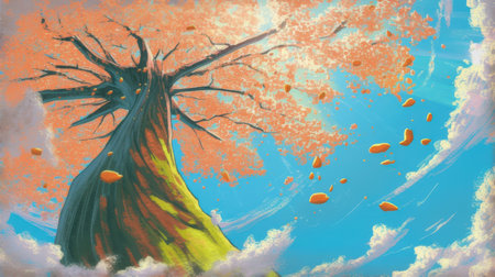 Landscape with a big tree in the sky. Digital painting.の素材