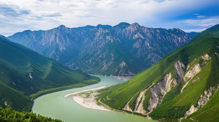 Mountain landscape with a river in the valley, Kyrgyzstanの素材