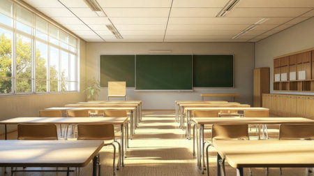 Classroom interior with empty green chalkboard. 3D Renderingの素材