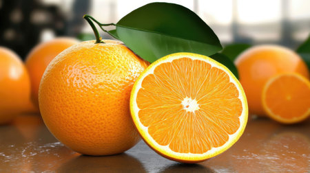 Orange fruit with leaves on table, closeup. Fresh citrus fruitの素材