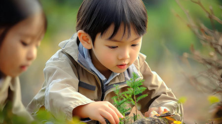 cute asian boy and girl planting tree together in the parkの素材