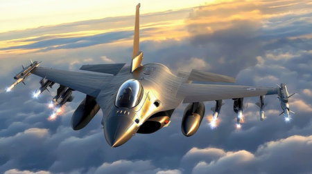 3D CG rendering of Air Force fighter jet flying in the cloudsの素材