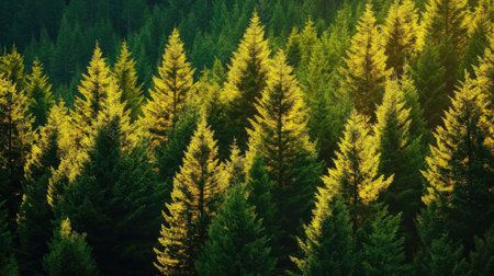 Fir forest in the mountains at sunset, Carpathians, Ukraineの素材