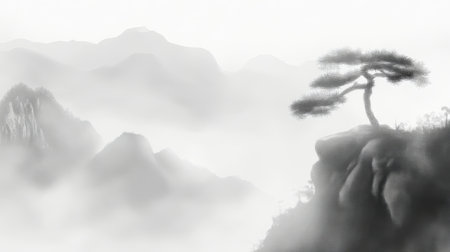 Pine tree in foggy mountains. Black and white image.の素材