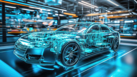 3D rendering of a brand-less generic concept car in a garageの素材