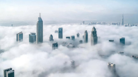 Panoramic aerial view of shanghai city in fog.の素材