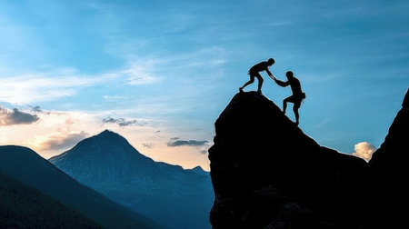 Silhouette of two climbers on top of a mountain. Climbing conceptの素材