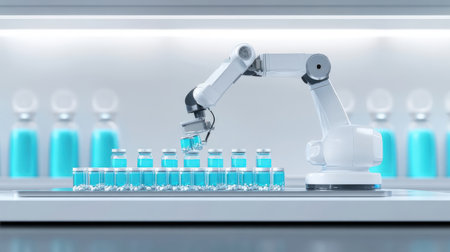 3d rendering robotic arm with test tubes on shelf in laboratory.の素材