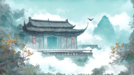 Chinese traditional style pavilion in the fog, watercolor painting.の素材