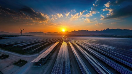 Solar panels in a solar power plant at sunset, renewable energy conceptの素材