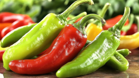 Different fresh peppers on wooden table, closeup. Vegetable dietの素材