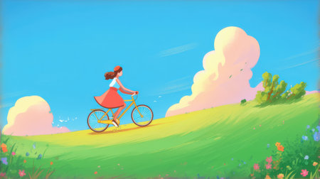 Girl riding a bicycle in the meadow. Colorful vector illustration.の素材