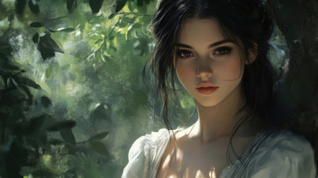 3d illustration of a beautiful woman with long black hair in the forestの素材