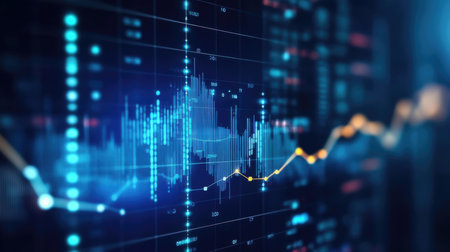 financial stock market graph on technology abstract background. 3d rendering toned image double exposureの素材