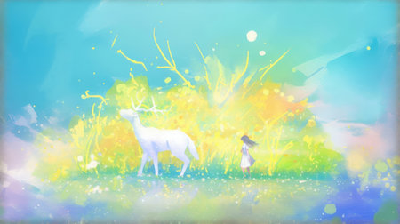 Illustration of a girl and a white deer in the forest.の素材