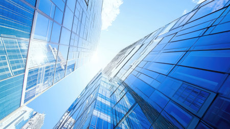 Bottom view of modern skyscrapers in business district against blue skyの素材