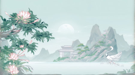Illustration of a landscape with a pagoda in the middle of the seaの素材