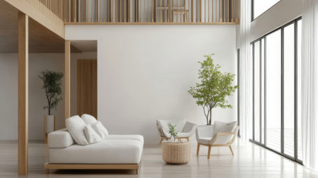 Interior of modern living room with white walls, wooden floor, white sofa and round coffee table. 3d renderingの素材