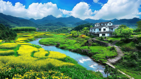 Rural landscape with yellow rice fields and chinese villa.の素材