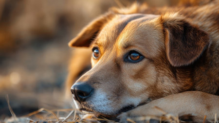 Sad dog lying on the ground and looking at the camera. Selective focus.の素材