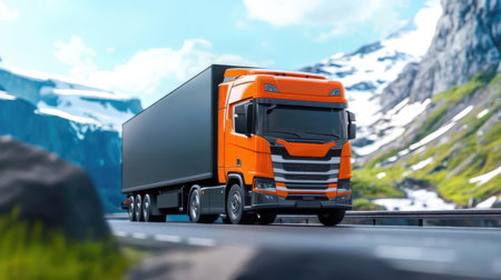 truck on the road with mountains in the background. 3d renderingの素材