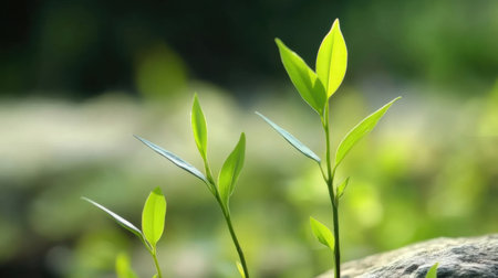 Green sprout growing on a stone in the garden with copy spaceの素材