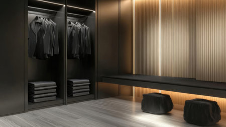 Luxury black wardrobe with clothes hanging in it. 3d renderingの素材