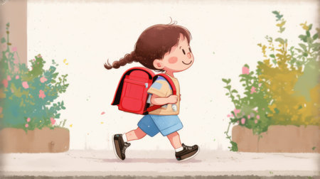 Illustration of a cute little schoolgirl with a backpack going to schoolの素材