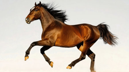 Bay horse gallops on white background in motion. Side view.の素材