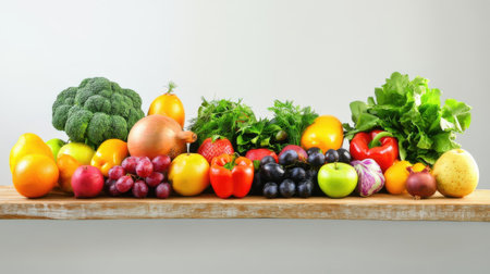 Composition with variety of fruits and vegetables on wooden shelf against gray backgroundの素材