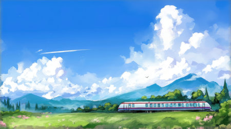 Illustration of a train on the background of mountains and blue skyの素材