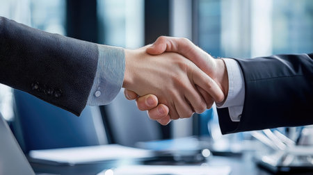 Close-up of business people shaking hands in office. Handshake conceptの素材