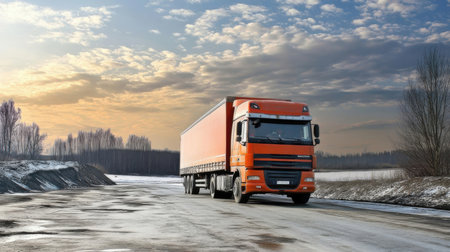 Truck on the road at sunset in winter. 3d renderingの素材