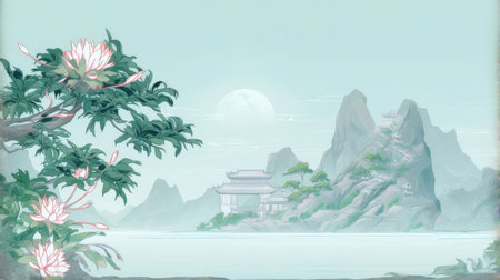 Landscape of a mountain with a temple and a lotus flowerの素材