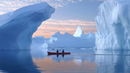 Illustration of icebergs, boat and ice floats at sunsetの素材