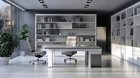 Contemporary office interior with computers and bookshelves. Workplace concept. 3D Renderingの素材