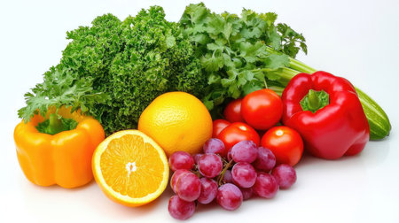 Fresh vegetables and fruits isolated on white background. Healthy eating concept.の素材