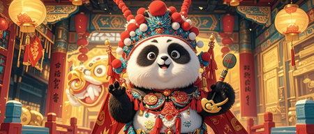 Panda in chinese temple - 3d illustration. Chinese new yearの素材