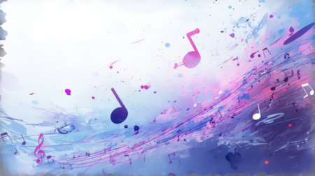 Abstract music background with music notes and watercolor splashes. Vector illustration.の素材