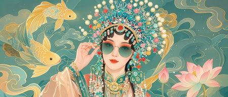 Beautiful girl in a crown of goldfish. Vector illustration.の素材