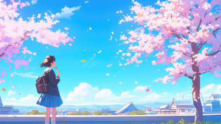 Cherry blossoms and a young girl with a backpack on the background of the cityの素材