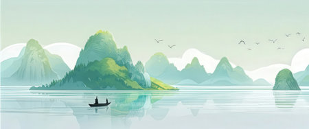 Mountain landscape with a boat on the lake. Vector illustration.の素材