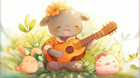 Illustration of a Cute Cartoon Teddy Bear Playing a Guitar in the Gardenの素材