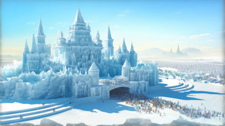 Fantasy winter landscape with fairytale castle. 3d renderの素材