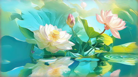 Watercolor painting of lotus flower and leaves on the water.の素材