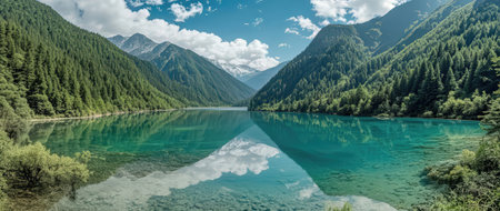 Panoramic view of mountain lake with clear water and green forestの素材