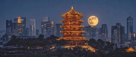 Pagoda at night with full moon in Hangzhou, Chinaの素材